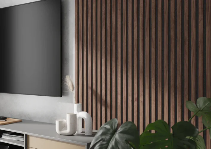 Akustický panel - OŘECH DÝHA, MDF, ČERNÝ akustický podklad FILC, 300 x 2750 mm