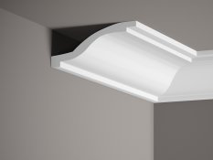 Stropní lišta – HLADKÁ, tvrdý plast ProFoam® (polyuretan), základní bílý nátěr (přetíratelný), 55 x 135 x 2000 mm
