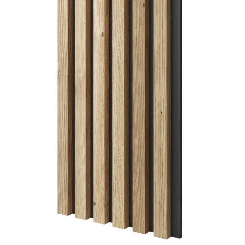 Dřevěné lamely ÚZKÉ na ČERNÉ desce (MDF), DUBOVÁ DÝHA, FINISH FOLIE, 24 x 300 x 2750 mm (0,825 m2)