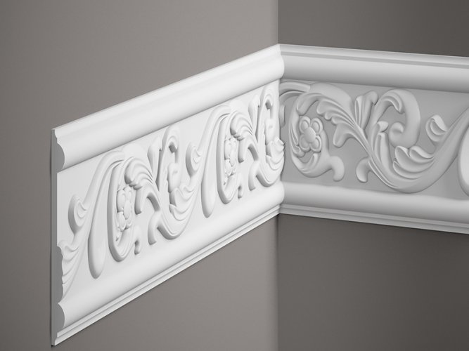 Nástěnná lišta – S ORNAMENTEM, tvrdý plast ProFoam® (polyuretan), základní bílý nátěr (přetíratelný), 128 x 14 x 2000 mm