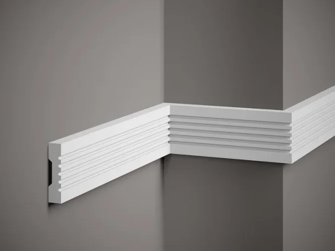 Nástěnná lišta – HLADKÁ, tvrdý plast ProFoam® (polyuretan), základní bílý nátěr (přetíratelný), 75 x 18 x 2000 mm