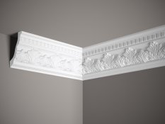 VZORKA - Stropná lišta – S ORNAMENTOM, tvrdý materiál ProFoam (Polyuretán), základný biely náter (pretierateľný), 116 x 74 x 100 mm