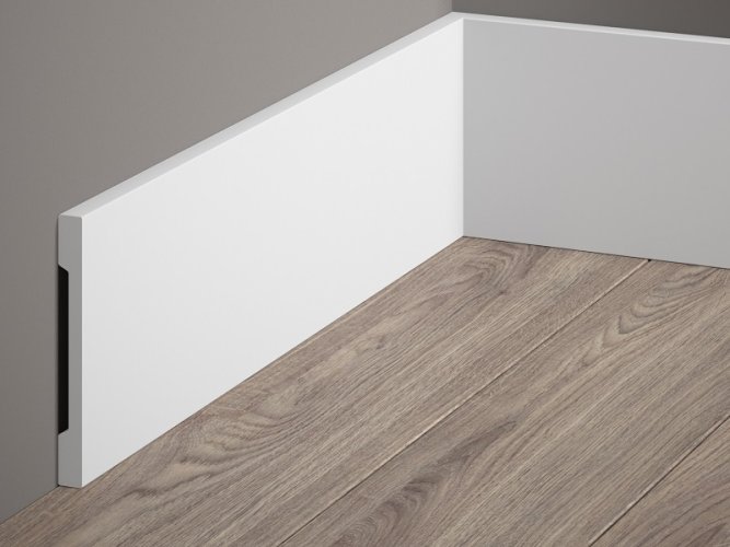 Podlahová lišta – PREMIUM, tvrdý plast PolyForce (HD Polymer), kvalitní bílý lak (finální povrch), 100 x 10 x 2000 mm
