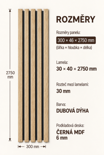 Drevené lamely ŠIROKÉ na ČIERNEJ doske (MDF), DUBOVÁ DÝHA, 46 x 300 x 2750 mm (0,825 m2)