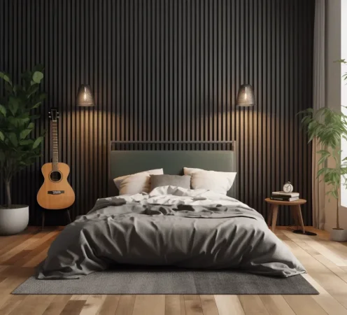 Barevná variabilita obkladů - lamely vhodné k přemalování na černou - realizace v ložnici