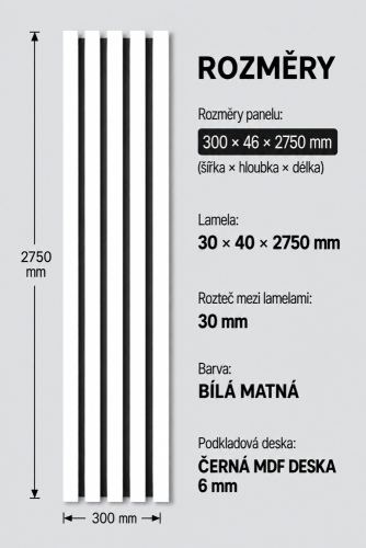 Dřevěné lamely ŠIROKÉ na ČERNÉ desce (MDF), BÍLÁ MATNÁ, 46 x 300 x 2750 mm (0,825 m2)