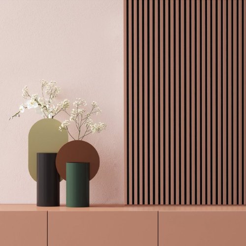 Akustický panel ACOUSTIC LINE - terracote | černá, 2650 x 245 x 22 mm, lamely MDF + FINISH FOLIE, akustický podklad FILC