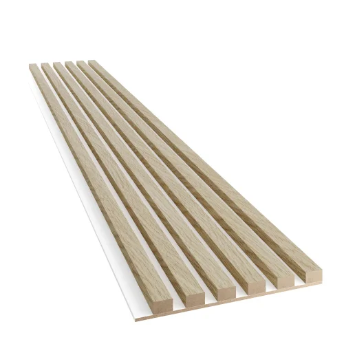 Dřevěné lamely ÚZKÉ na BÍLÉ desce (MDF), EVROPSKÝ DUB, CPL PREMIUM, 24 x 300 x 2750 mm (0,825 m2)