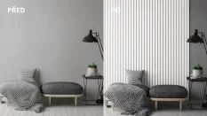 Dřevěné lamely ŠIROKÉ na BÍLÉ desce (MDF), BÍLÁ MATNÁ, 46 x 300 x 2750 mm (0,825 m2)
