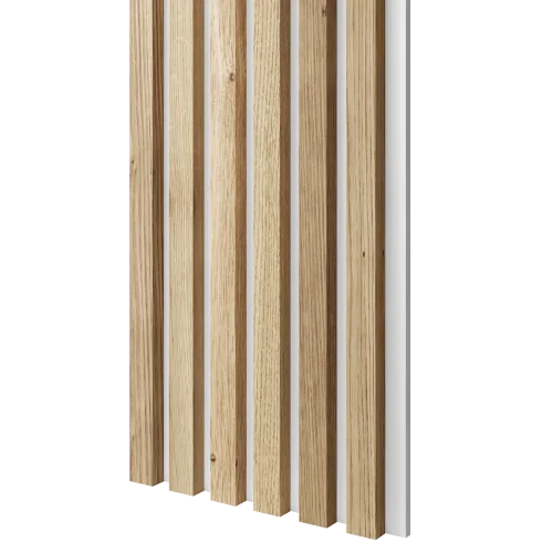 Dřevěné lamely ÚZKÉ na BÍLÉ desce (MDF), DUBOVÁ DÝHA, FINISH FOLIE, 24 x 300 x 2750 mm (0,825 m2)