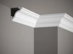VZOREK - Stropní lišta – HLADKÁ, tvrdý plast PolyForce (HD Polymer), základní bílý nátěr (přetíratelný), 81 x 81 x 100 mm