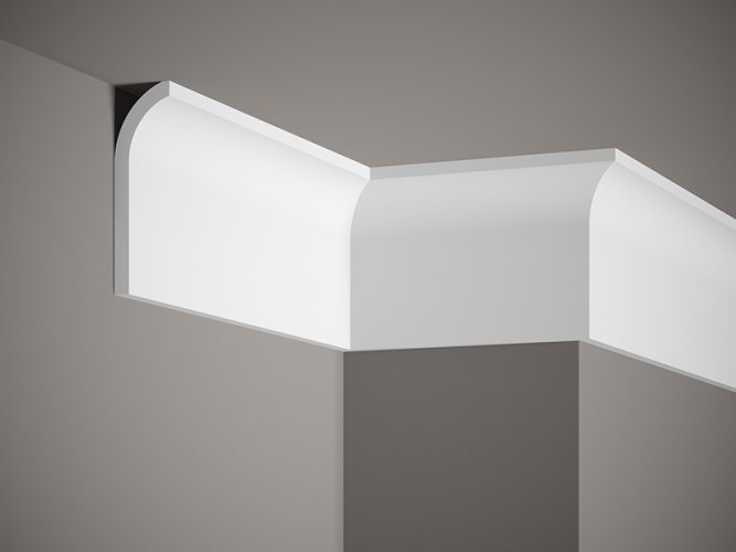 Stropná lišta – HLADKÁ, tvrdý plast PolyForce (HD Polymér), základný biely náter (pretierateľný), 135 x 40 x 2000 mm