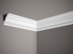 VZORKA - Stropná lišta – S ORNAMENTOM, tvrdý materiál ProFoam (Polyuretán), základný biely náter (pretierateľný), 75 x 75 x 100 mm