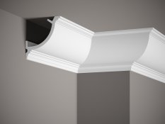 VZOREK - Stropní lišta – HLADKÁ, tvrdý plast PolyForce (HD Polymer), základní bílý nátěr (přetíratelný), 110 x 110 x 100 mm