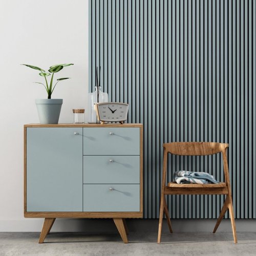 Akustický panel ACOUSTIC LINE - smoke blue | černá, 2650 x 245 x 22 mm, lamely MDF + FINISH FOLIE, akustický podklad FILC