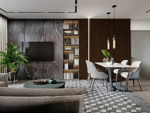 Realizace dřevěných lamel LINEA SLIM 3 v moderně zařízeném obýváku