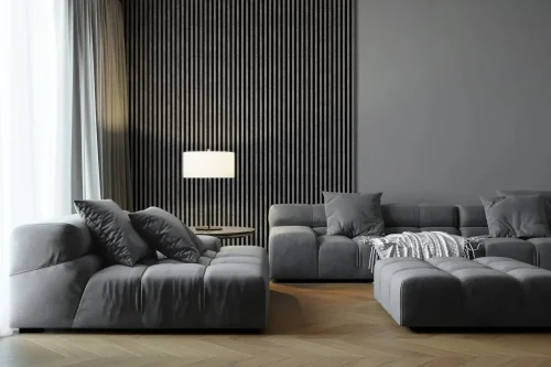 Realizace dřevěných lamel LINEA COMFORT 5 – Šedá dekorace v obývacím pokoji
