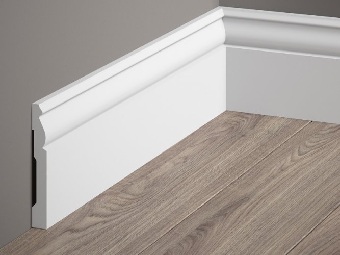 Podlahová lišta – HLADKÁ, tvrdý plast PolyForce (HD Polymer), základní bílý nátěr (přetíratelný), 94 x 12 x 2000 mm