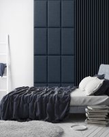 Realizace čalouněných panelů BASIC – Modré panely v kombinaci s lamelami
