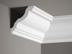 Stropná lišta – HLADKÁ, tvrdý plast ProFoam® (polyuretán), základný biely náter (pretierateľný), 105 x 125 x 2000 mm