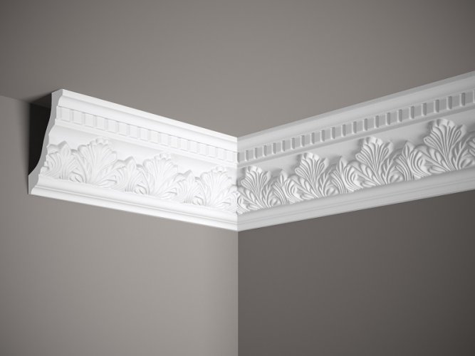 VZOREK - Stropní lišta – S ORNAMENTEM, tvrdý materiál ProFoam (Polyuretan), základní bílý nátěr (přetíratelný), 116 x 74 x 100 mm