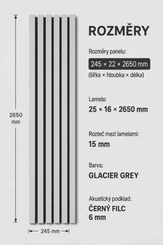 Akustický panel ACOUSTIC LINE - glacier grey | čierna, 2650 x 245 x 22 mm, lamely MDF + FINISH FOLIE, akustický podklad FILC
