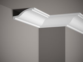 Stropní lišta – HLADKÁ, tvrdý plast ProFoam® (polyuretan), základní bílý nátěr (přetíratelný), 55 x 135 x 2000 mm