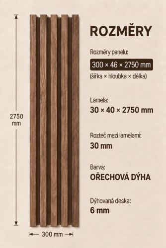 Drevené lamely ŠIROKÉ na DYHOVANEJ doske (MDF), ORECH DYHA, 46 x 300 x 2750 mm (0,825 m2) - Povrchová úprava dyhy: Bez povrchovej úpravy