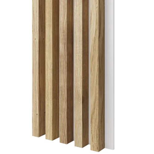 Dřevěné lamely ŠIROKÉ na BÍLÉ desce (MDF), DUBOVÁ DÝHA, 46 x 300 x 2750 mm (0,825 m2) - Povrchová úprava dýhy: Bez povrchové úpravy