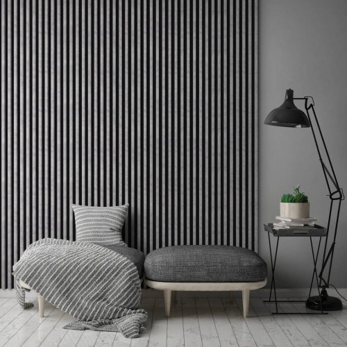 Realizace dřevěných lamel LINEA SLIM 3 – Šedá dekorace relaxační zóny