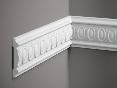 VZOREK - Nástěnná lišta – S ORNAMENTEM, tvrdý plast ProFoam® (polyuretan), základní bílý nátěr (přetíratelný), 81 x 15 x 100 mm