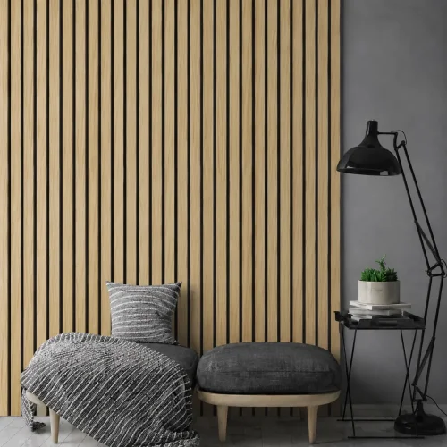 Dřevěné lamely ŠIROKÉ na ČERNÉ desce (MDF), EVROPSKÝ DUB CPL, 46 x 300 x 2750 mm (0,825 m2)