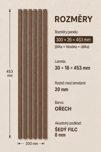 ATYPICKÝ PRODUKT - Akustický panel - OŘECH, MDF + FOLIE FINISH 3D, ŠEDÝ akustický podklad FILC, 453 x 300 mm