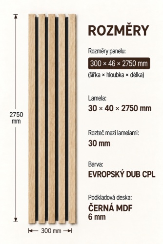 Dřevěné lamely ŠIROKÉ na ČERNÉ desce (MDF), EVROPSKÝ DUB CPL, 46 x 300 x 2750 mm (0,825 m2)