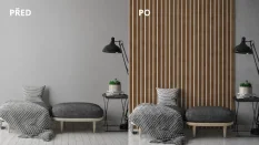 Dřevěné lamely ŠIROKÉ na BÍLÉ desce (MDF), OŘECH, 46 x 300 x 2750 mm (0,825 m2)