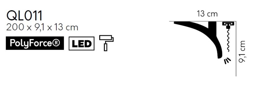 Garnýžová LED osvětlovací lišta, NEPŘÍMÉ OSVĚTLENÍ, tvrdý plast PolyForce (HD Polymer), základní bílý nátěr (přetíratelný), 95 x 123 x 2000 mm