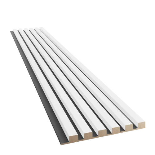 Dřevěné lamely ÚZKÉ na ČERNÉ desce (MDF), BÍLÁ MATNÁ, FINISH FOLIE, 24 x 300 x 2750 mm (0,825 m2)