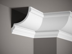 VZOREK - Stropní lišta – HLADKÁ, tvrdý plast ProFoam® (polyuretan), základní bílý nátěr (přetíratelný), 150 x 160 x 100 mm