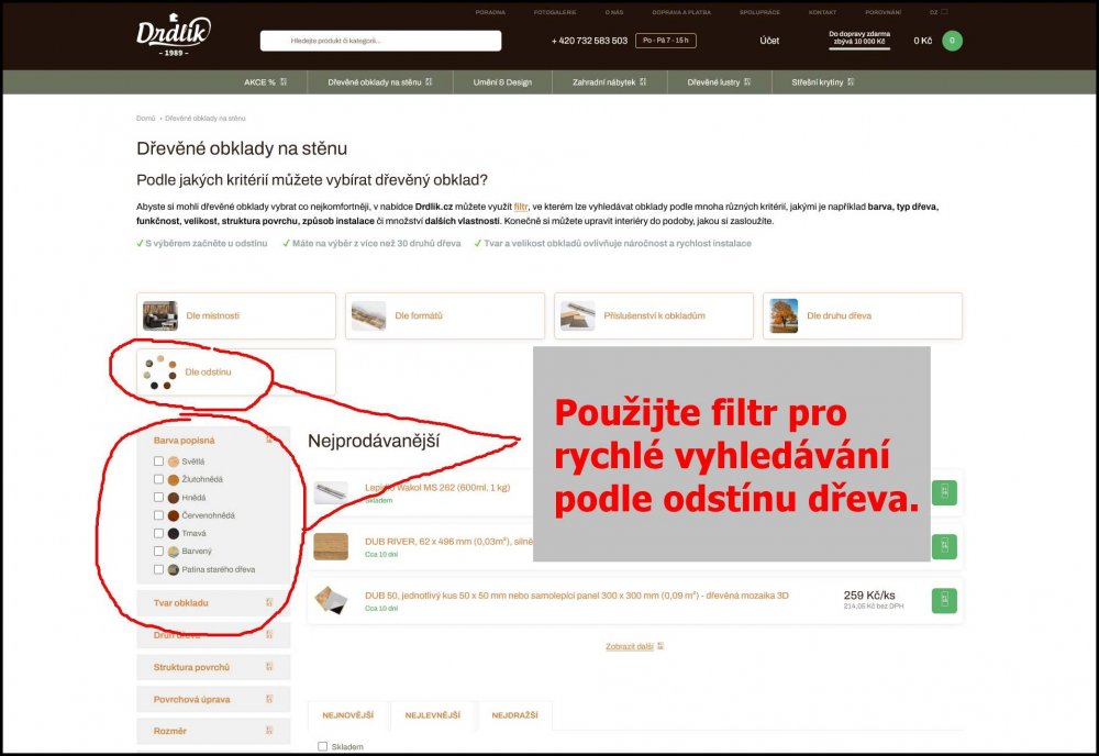 Vyhledáváme odstín dřeva ve filtraci eshopu drdlik.cz